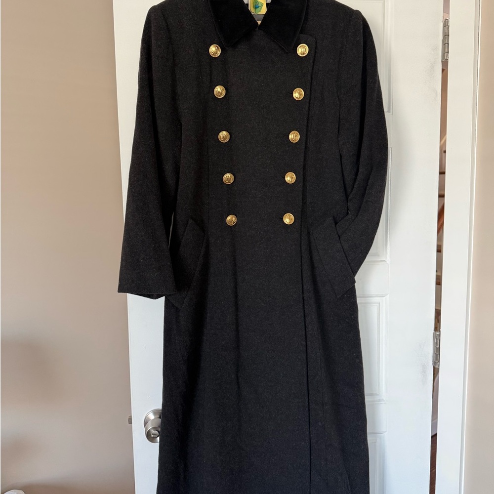 Dior made in USA charcoal double breasted wool coat with signature Gold Buttons